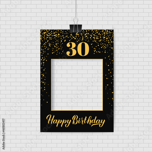 Happy 30th Birthday photo booth frame. Birthday party photobooth props. Black and gold confetti party decorations. Vector template