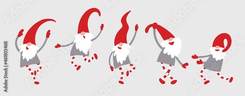 Merry dancing Christmas gnomes. Vector flat illustration.