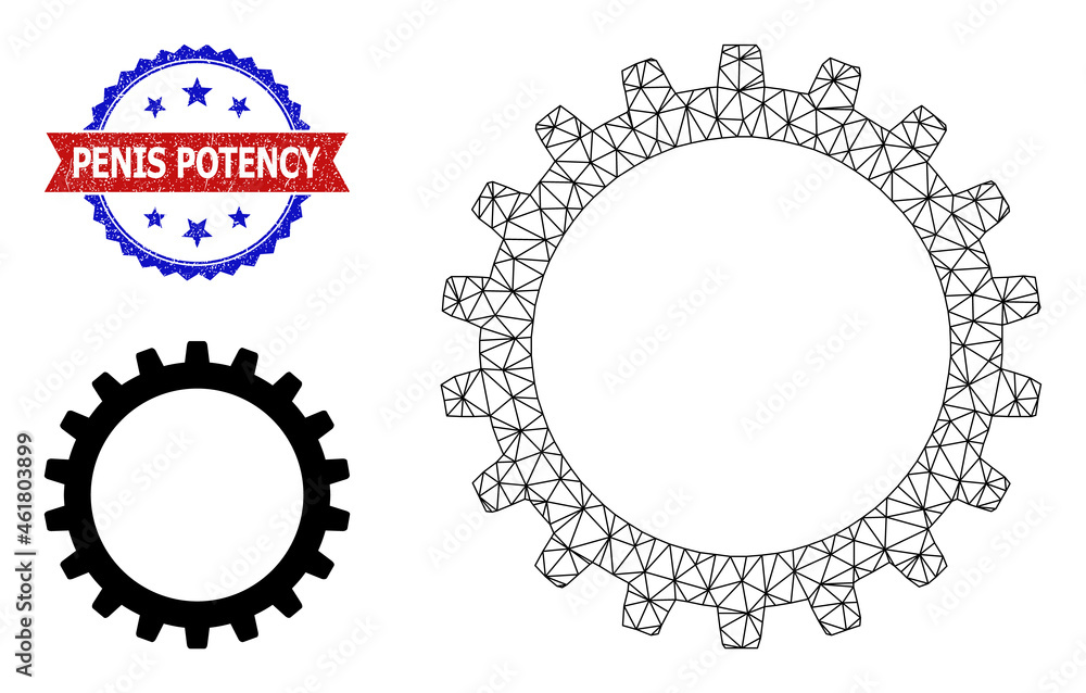 Network cogwheel wireframe illustration, and bicolor textured Penis Potency seal stamp. Mesh wireframe illustration is designed with cogwheel icon.