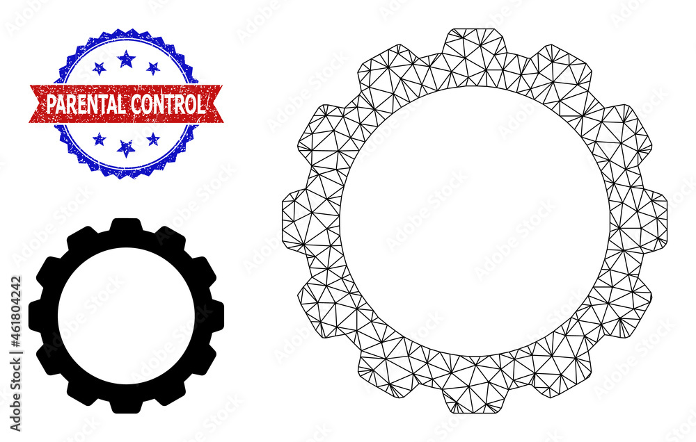 Obraz premium Mesh gearwheel wireframe icon, and bicolor grunge Parental Control stamp. Mesh wireframe image is created from gearwheel icon.