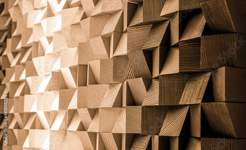 Natural color wood block wall cubic texture background . Modern contempolary woodwork wallpaper artwork design . photo