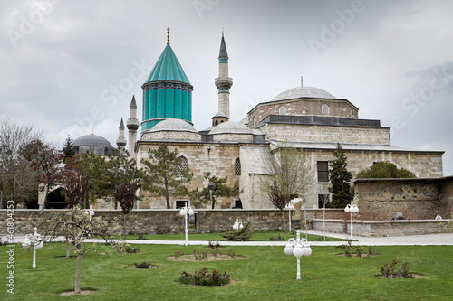 Minarets and domes of Camii Selimiye (Selimiye Mosque) and the blue tiled tower of the Mevlana Museum, Konya, Turkey photo