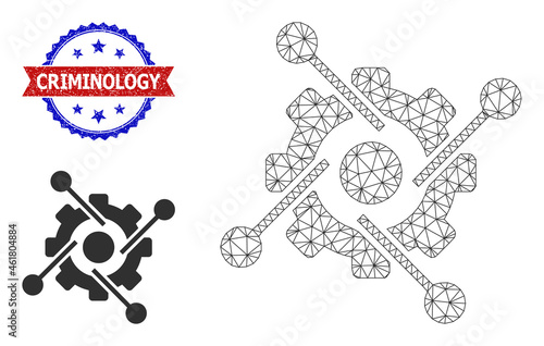 Mesh hitech industry wireframe illustration, and bicolor rubber Criminology seal stamp. Mesh wireframe illustration created from hitech industry pictogram.