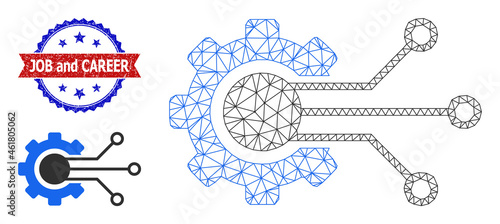 Mesh gear solution carcass illustration, and bicolor scratched Job and Career seal. Mesh carcass symbol designed with gear solution icon.