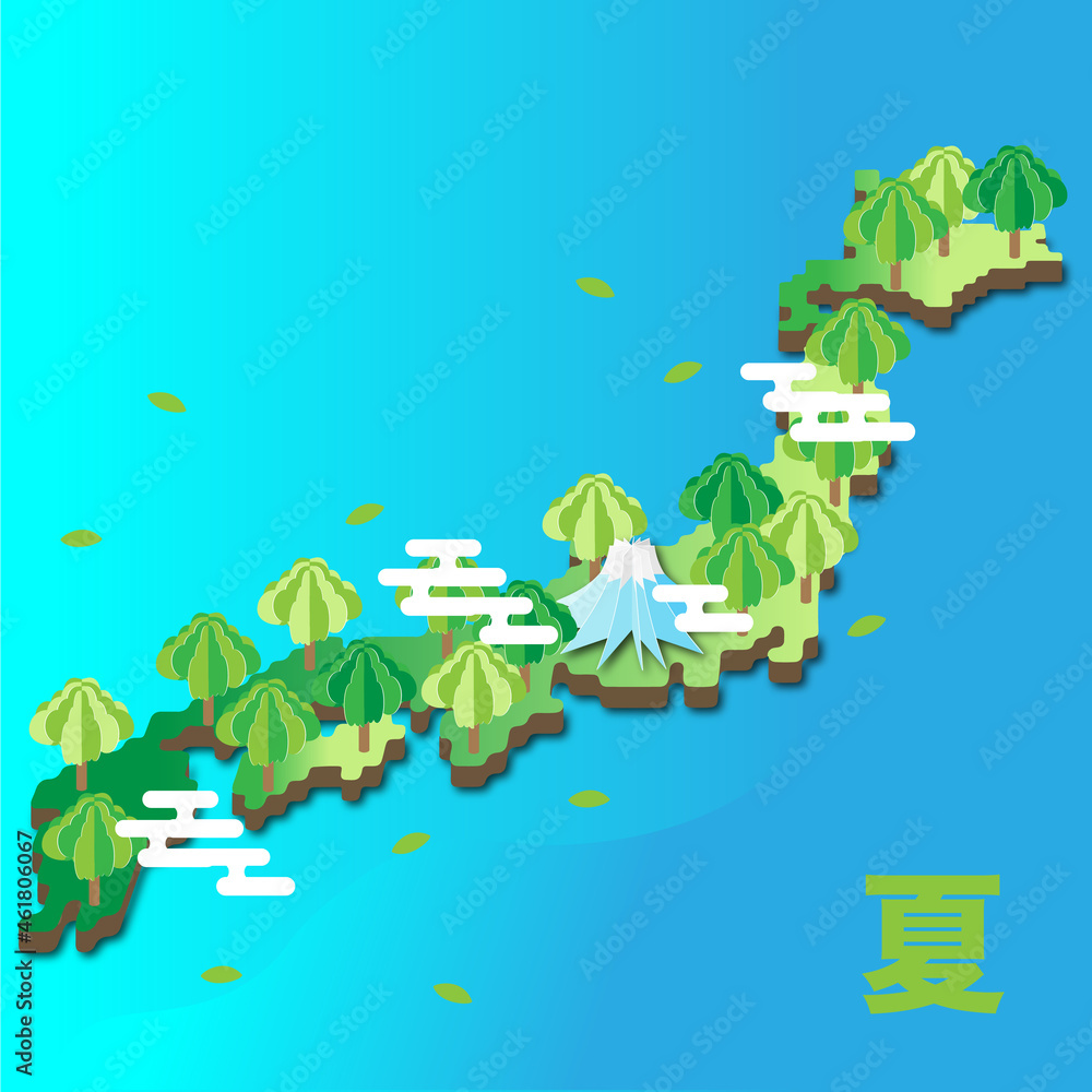 ペーパーアート風　新緑に覆われた初夏の日本列島