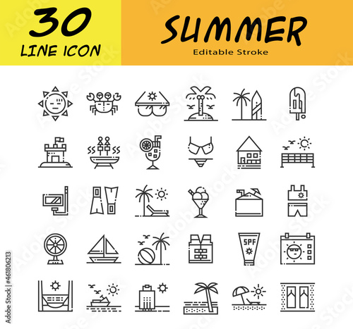 30 Line Icon set  for Summer, Vector set  for editable stroke using for screen decorating etc.