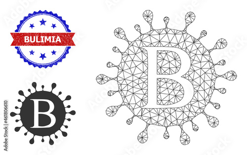 Mesh Beta coronavirus carcass illustration, and bicolor scratched Bulimia seal. Mesh wireframe image is designed with Beta coronavirus pictogram.