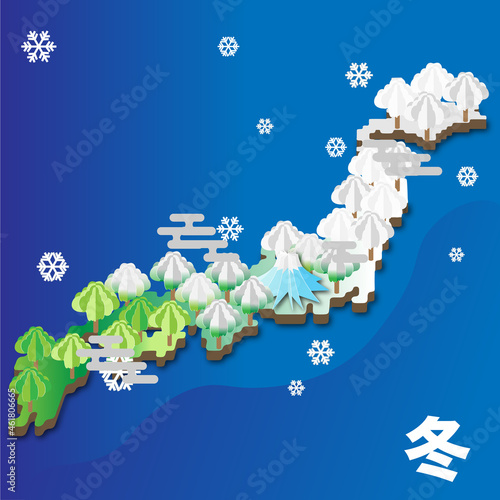 ペーパーアート風　雪景色が映える冬の日本列島