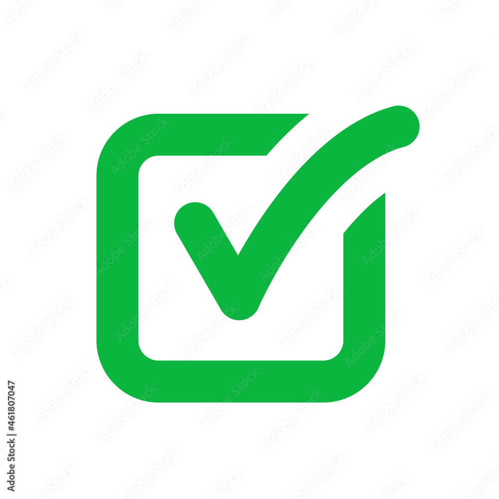 Green check mark box vector icon illustration white background. Correct ...
