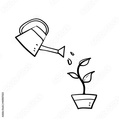 hand drawn doodle watering plants concept illustration