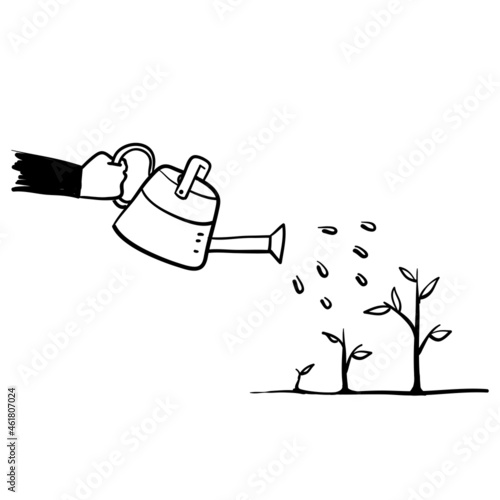hand drawn doodle watering plants concept illustration