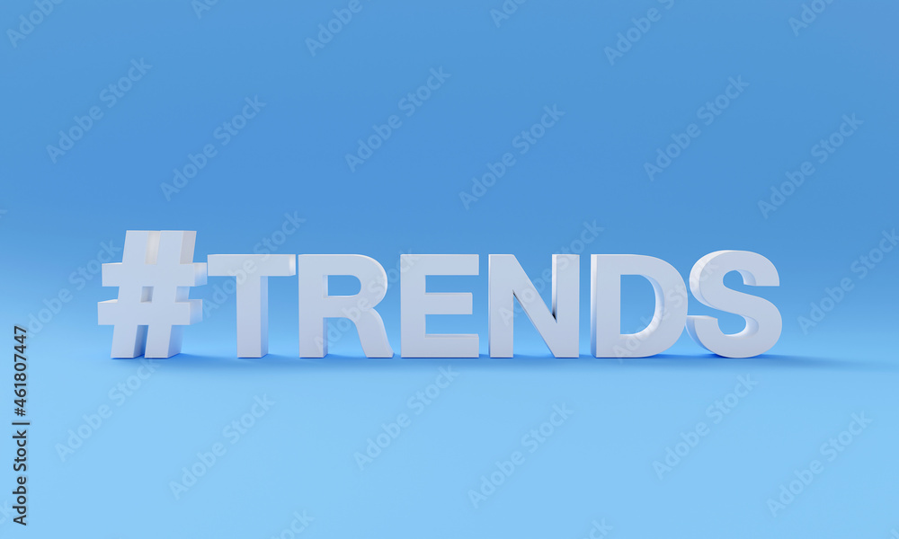 3D Hashtag Trends on blue background, Popular Topics, social media Trending, copy space, text, 3D rendering, illustration
