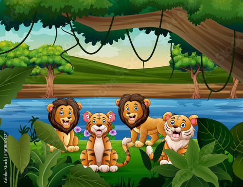 Cartoon illustration of cute lions and tigers in the nature