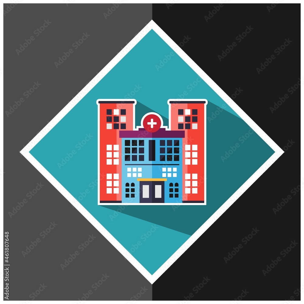 Hospital building flat icon with long shadow. Hospital Flat Colored Icon. Hospital Complex Icon. Flat Design. Isolated. Long Shadow.