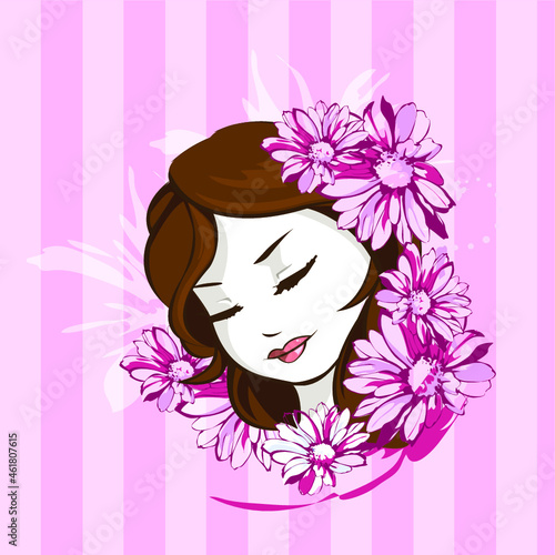 woman lineart bg icons illustration vector purple vintage flowers leaf pink octuber