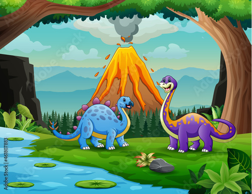 Dinosaurs at the jungle with volcanic eruption background