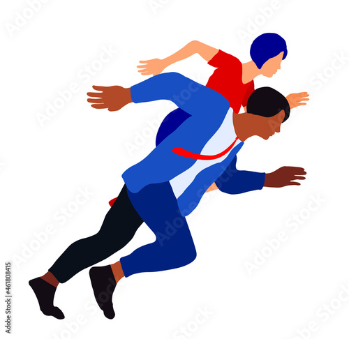 Business people running to be the person who reach goal first isolated on white background. Cartoon jogging male and female in motion vector flat illustration. competition between man and woman