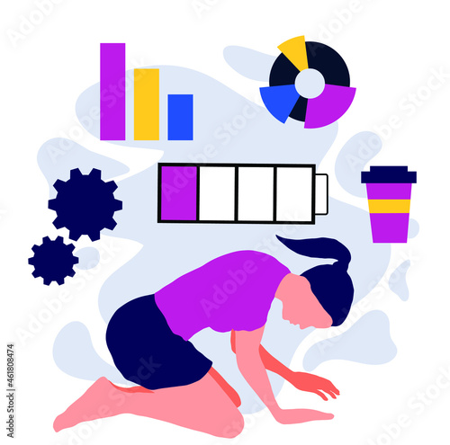 Professional burnout syndrome. Exhausted sick tired female manager in office sad boring. Vector long work day illustration