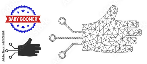 Polygonal mechanical hand carcass icon, and bicolor grunge Baby Boomer seal. Mesh carcass image designed with mechanical hand icon.