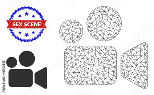 Network cinema wireframe icon, and bicolor dirty Sex Scene seal stamp. Polygonal wireframe symbol is designed with cinema icon. Vector imprint with Sex Scene tag inside red ribbon and blue rosette,