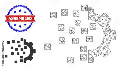 Mesh gear compilation model illustration, and bicolor unclean Assembled seal stamp. Polygonal wireframe image is designed with gear compilation icon.