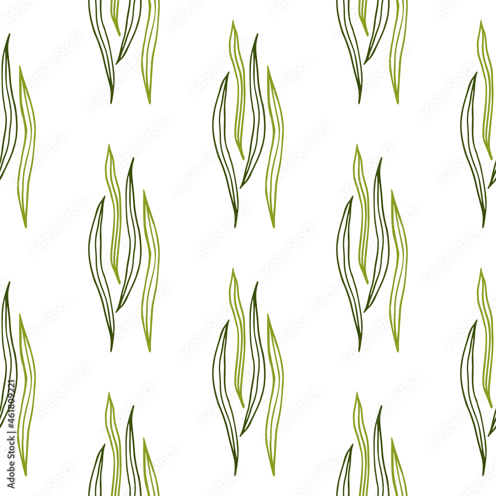 Tropical botanical outline shapes seamless pattern on white background.