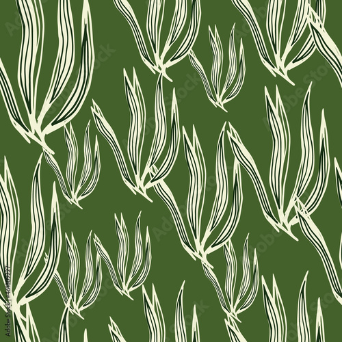 Random retro seaweeds seamless pattern on green background.