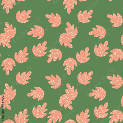 Elegant oak seamless pattern on green background.