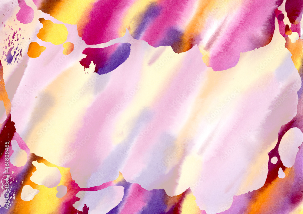 Multicolored Watercolor Stains hand drawn abstract Background. Yellow, orange, pink, lilac, violet and purple diagonal Stain colorful Spots and Splashes Blobs texture. center light and bottom dark - obrazy, fototapety, plakaty 