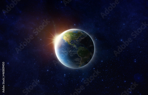 Save our World. Blue Planet Earth on space show America  USA  World map  Universe  Star field in space  Earth day  Save environment  Earth eclipse Sun concept. World 3D render image furnished by NASA.