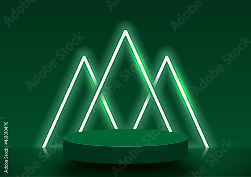 Stage podium decorated with neon lighting triangle shape. Abstract Christmas mock-up scene. Green 3d circle pedestal base for a product, show, award, winner on a green background. Vector illustration.