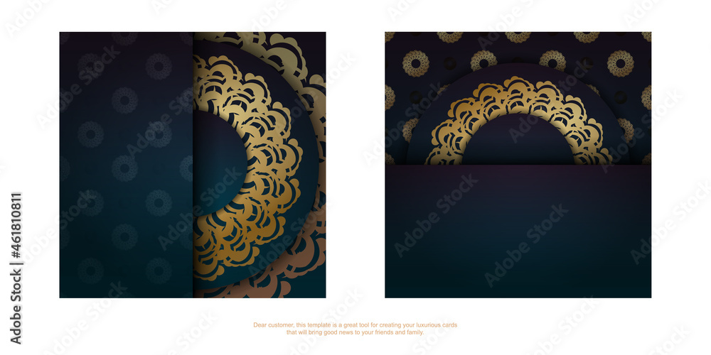 Greeting Leaflet with a gradient of green color with a gold mandala pattern for your design.