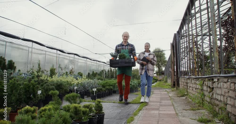 A male florist carries a box of plants, next to him is an African-American woman A male florist carries a box of plants, next to him is an African-American woman