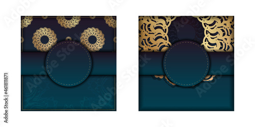 Postcard template with gradient green color with luxurious gold ornaments prepared for typography.