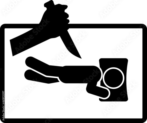 Vector of a hand with knife trying to kill a person who is sleeping on the bed. Pictogram of a crime scene. Silhouette of a hand with knife while doing a murder. A crime scene of a murder attempt.