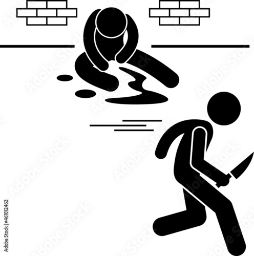 Vector of a hand with knife trying to kill a person who is sleeping on the bed. Pictogram of a crime scene. Silhouette of a hand with knife while doing a murder. A crime scene of a murder attempt.