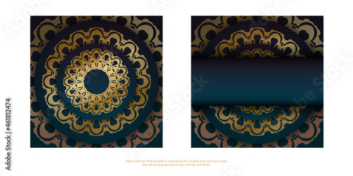 Postcard template with gradient green color with vintage gold pattern for your design.