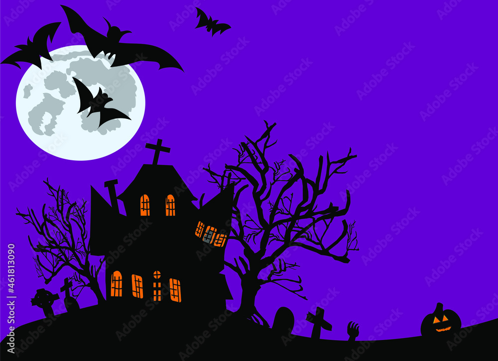 Halloween background haunted house dead tree cemetery graveyard tomb and jack o lantern decoration,bats fly and moon