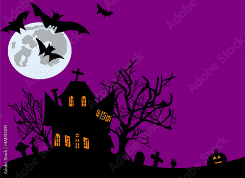 Halloween background haunted house dead tree cemetery graveyard tomb and jack o lantern decoration,bats fly and moon