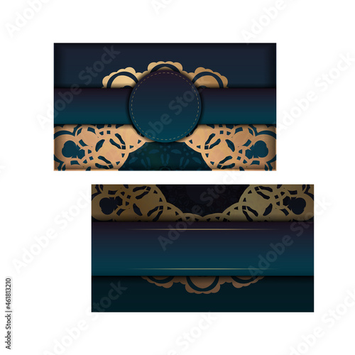 Postcard template with gradient green color with abstract gold ornament prepared for printing.