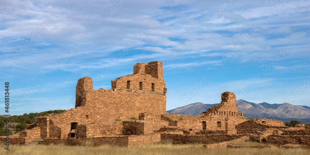Panorama of Abo church ruins at Salinas Pueblo Missions National Monument in New Mexico, with Manzano Mountains in background