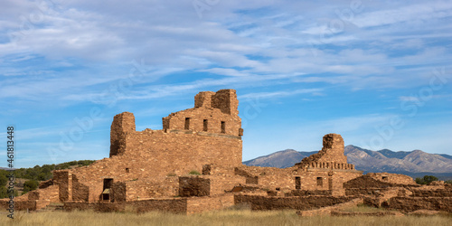 Panorama of Abo church ruins at Salinas Pueblo Missions National Monument in New Mexico, with Manzano Mountains in background © Martha Marks