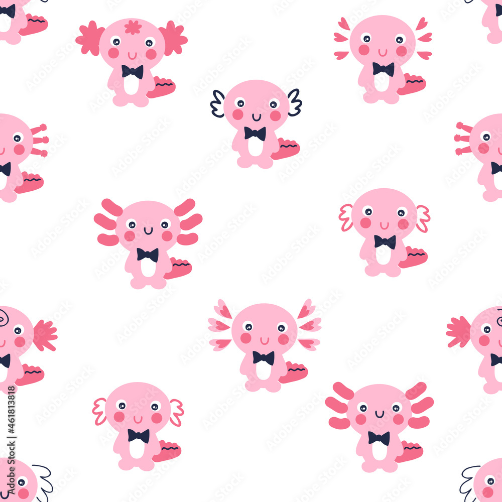 Doodle seamless pattern with axolotls. Perfect for T-shirt, textile and prints. Hand drawn vector illustration for decor and design.
