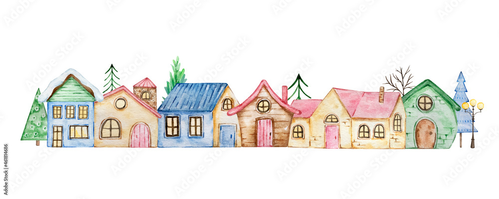 Watercolor christmas illustration with houses and christmas trees