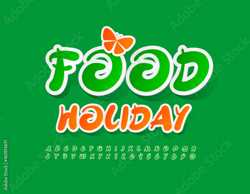 Vector Colorful Sign Food Holiday. Plauful Green Font. Bright Alphabet Letters and Numbers