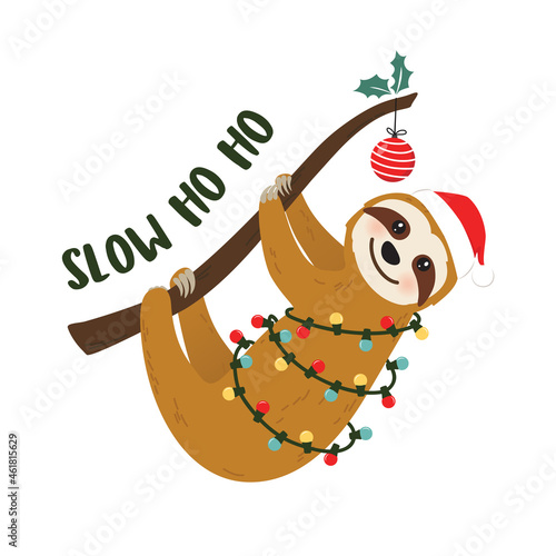 Cute cartoon sloth vector graphic design for Christmas holiday. Merry Christmas print. Adorable hand drawn sloth character on the tree branch in Santa Claus hat and wrapped in Christmas lights