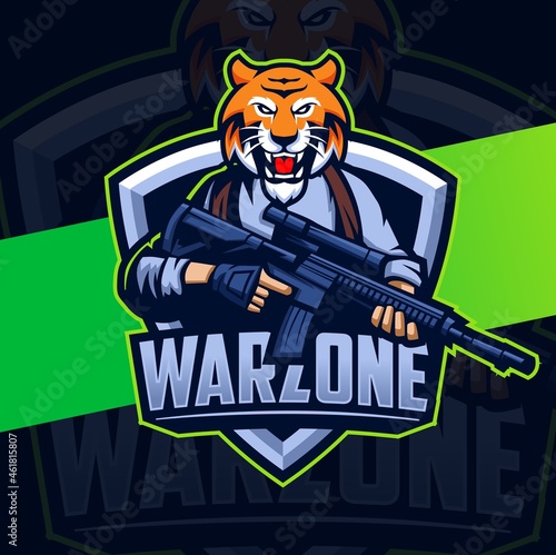 warzone tiger character mascot design with gun and war postion for game and sport logo