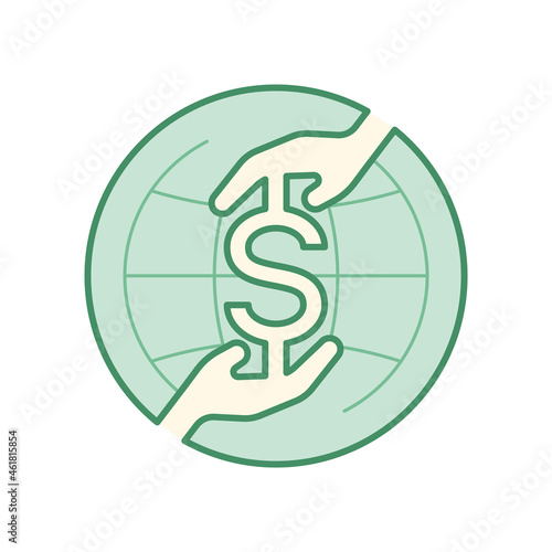 Giving and receiving hands merged with dollar sign on globe icon background as a gimmick of international financial transaction. Editable stroke. Vector illustration outline flat design style.