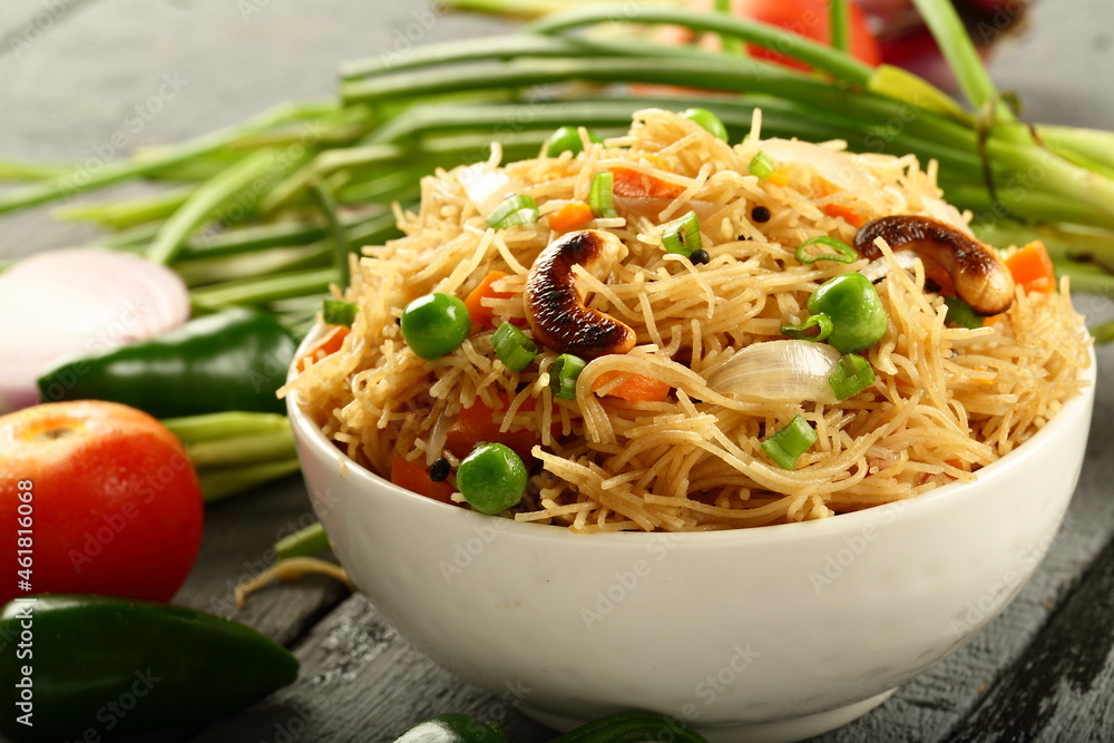 Indian vegetarian foods- homemade vermicelli, semiya upma. Indian vegetarian foods- homemade vermicelli, semiya upma.