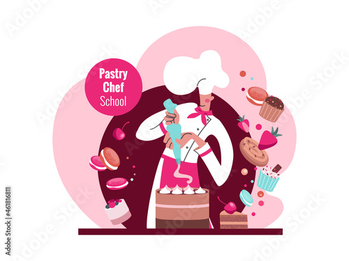 Pastry chef, sweets, pastries. A master class, Pastry Chef School, a chef decorates a confectionery product. Vector illustration.